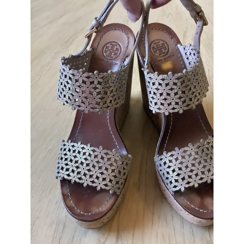 Tory Burch Wedge Sandals Womens 10 Gold Tan Laser-Cut Slingback Cork Platform